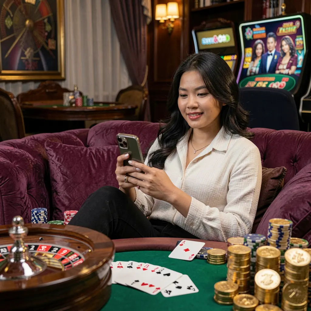 DIAMOND JL App – Enjoy a smooth and engaging mobile casino experience in the Philippines Filipino woman relaxing on a sofa while using the DIAMOND JL casino app with roulette wheels playing cards and gold coins around her