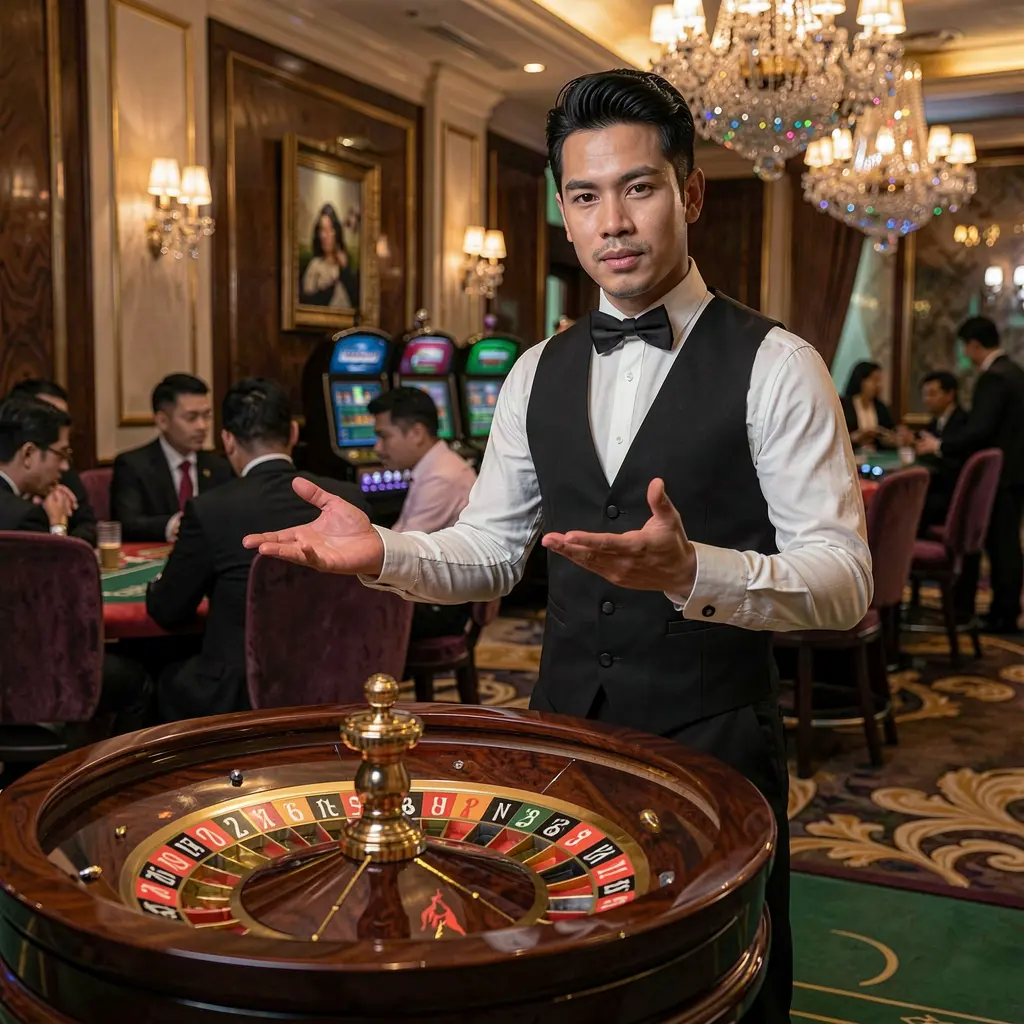 Elegant live casino dealer in a luxury gaming hall with a roulette wheel and chandeliers representing the premium DIAMOND JL casino experience in the Philippines