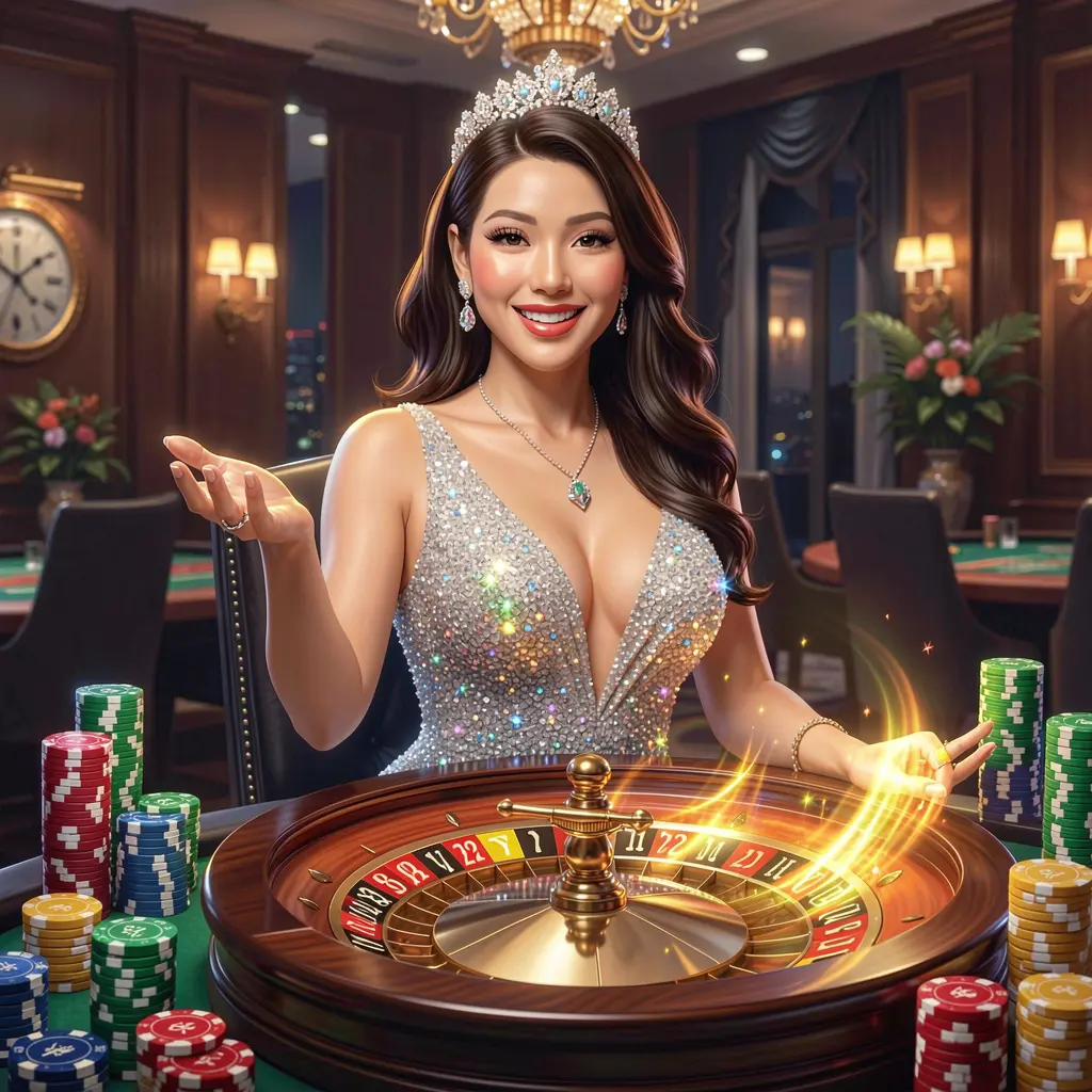 Smiling casino hostess in a sparkling dress inviting players to log in with glowing roulette wheel and flying chips representing the premium DIAMOND JL casino experience in the Philippines